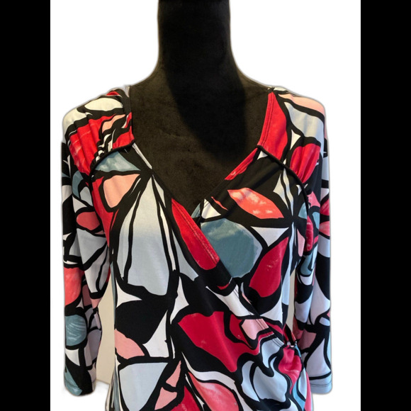 AB Studio Faux Wrap Blouse Plus Size XL Top Abstract Pattern Pink Gray + Stretch - Picture 1 of 12